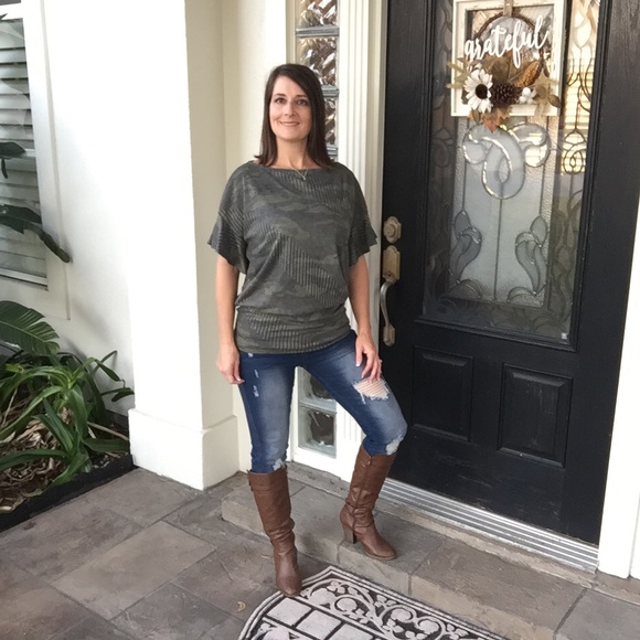 Camouflage Ribbed Ruffle Off Shoulder Dolman Top Green 0919 - Picture 12 of 12